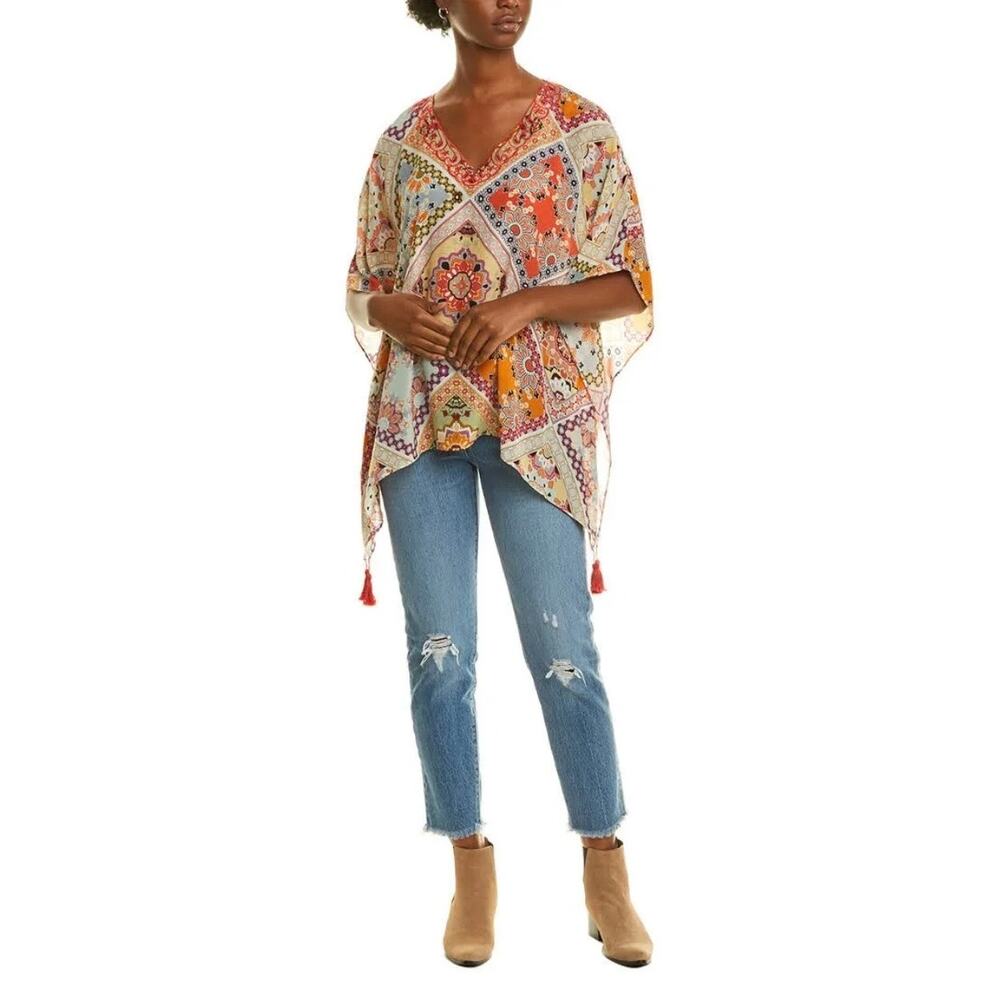 Johnny Was Jade Veronica Silk Print Tunic Top Womens L Multicolor Tassels